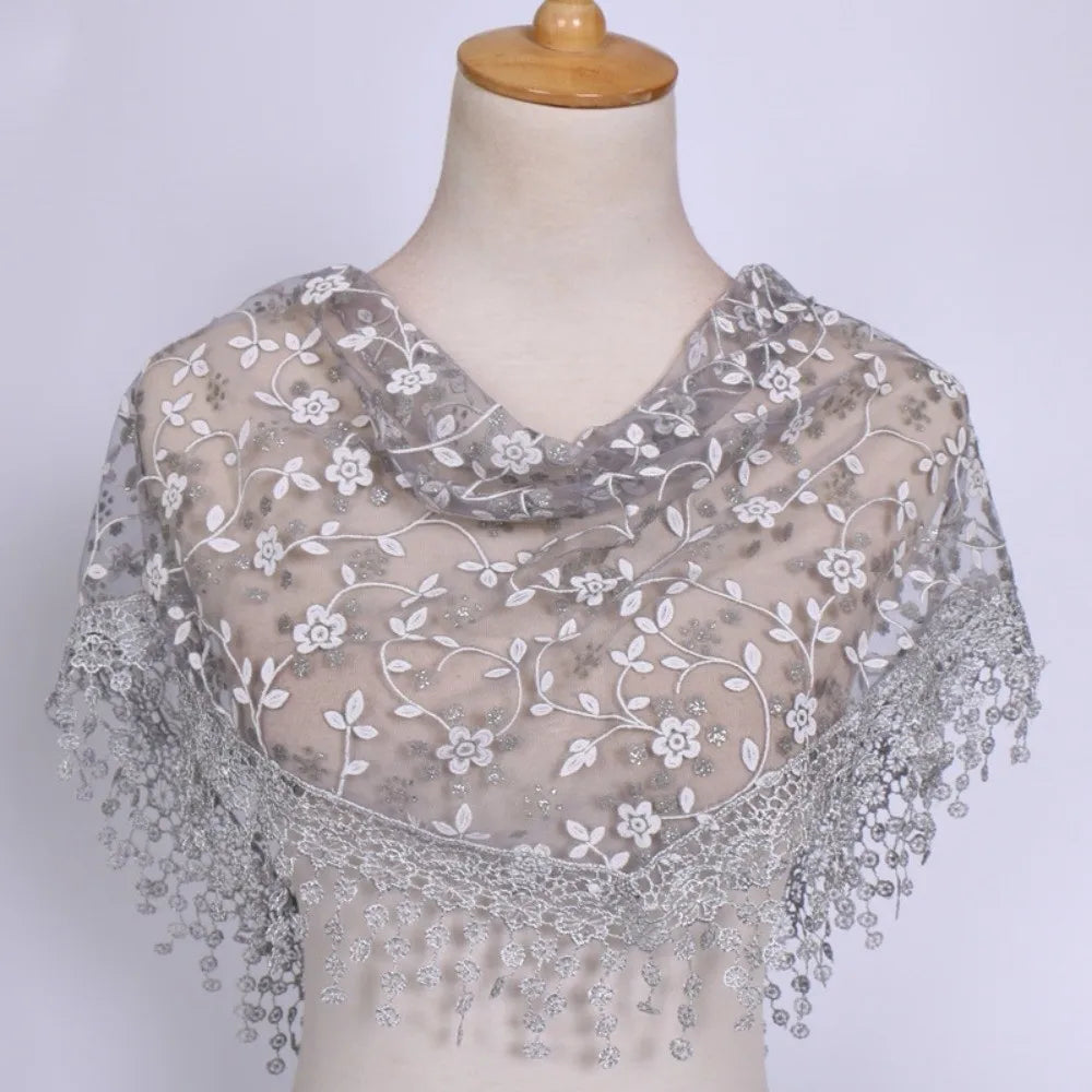 Women's Triangle Lace Veil Headscarf – Floral Sequined Scarf