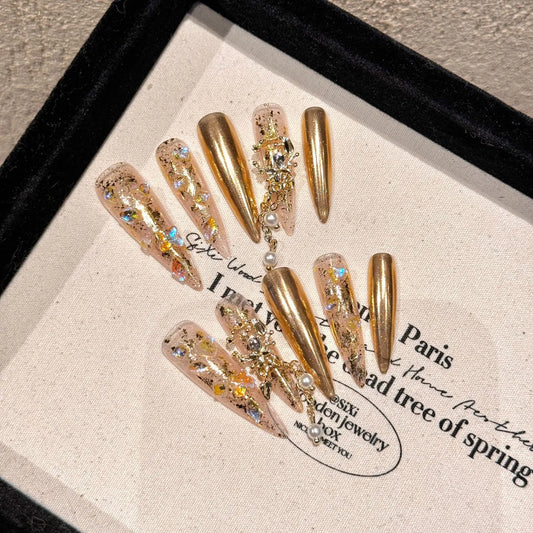Handmade Press on Nails Golden Mirror Long Pointed Fake Nail Tips for Women Wearable Detachable Gold Foil Fashion False Nails Peaceful Pleasures Health and Wellness S