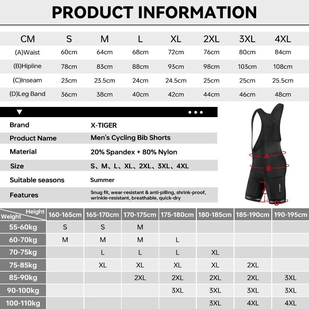 X-TIGER Men's 5D Padded Cycling Bib Shorts | 3 Pockets