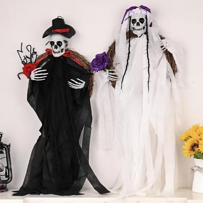 Halloween Rattan Ring Garland Ghost Bride Groom Hanging Pendant