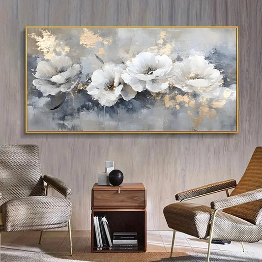 Large Modern Abstract White Floral Canvas Wall Art No Frame Poster for Living Room Bedroom Decor,Gray Blue Background Room Decor Peaceful Pleasures Health and Wellness ZLH4433 20x40cm No Frame