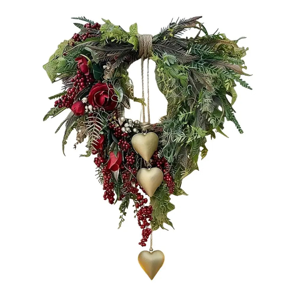 Festive Rattan Wreath with Berries & Hearts | Holiday Wall Decor