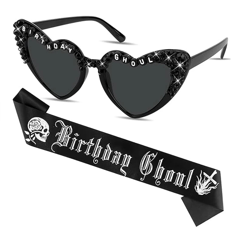 Birthday Ghoul Black Heart Sunglasses & Sash Set | Goth Party