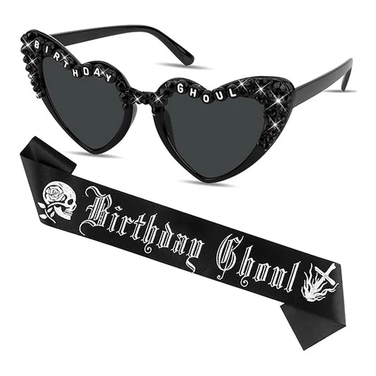 Birthday Ghoul Black Heart Sunglasses & Sash Set | Goth Party Party Accessory Set Peaceful Pleasures Health and Wellness C