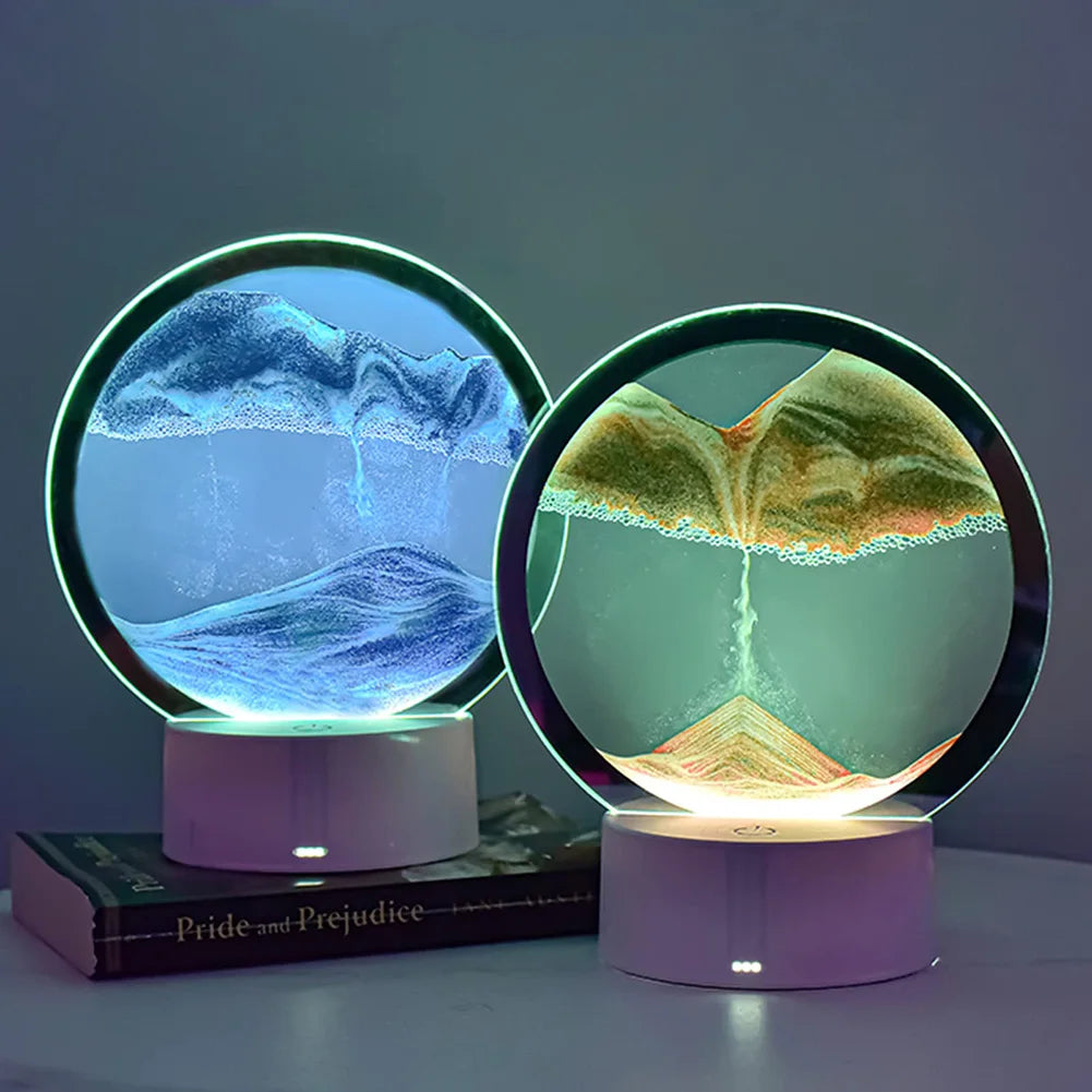 Moving Sand Art Picture Round Table Lamp 3D Dynamic Painting Night