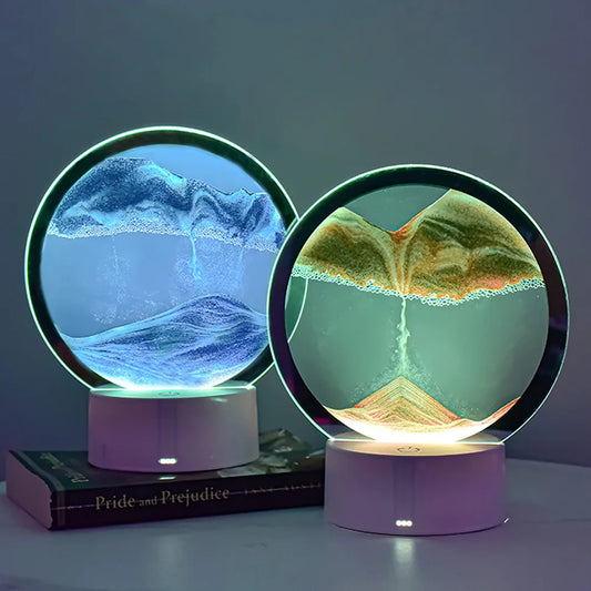 Moving Sand Art Picture Round Table Lamp 3D Dynamic Painting Night Peaceful Pleasures Health and Wellness