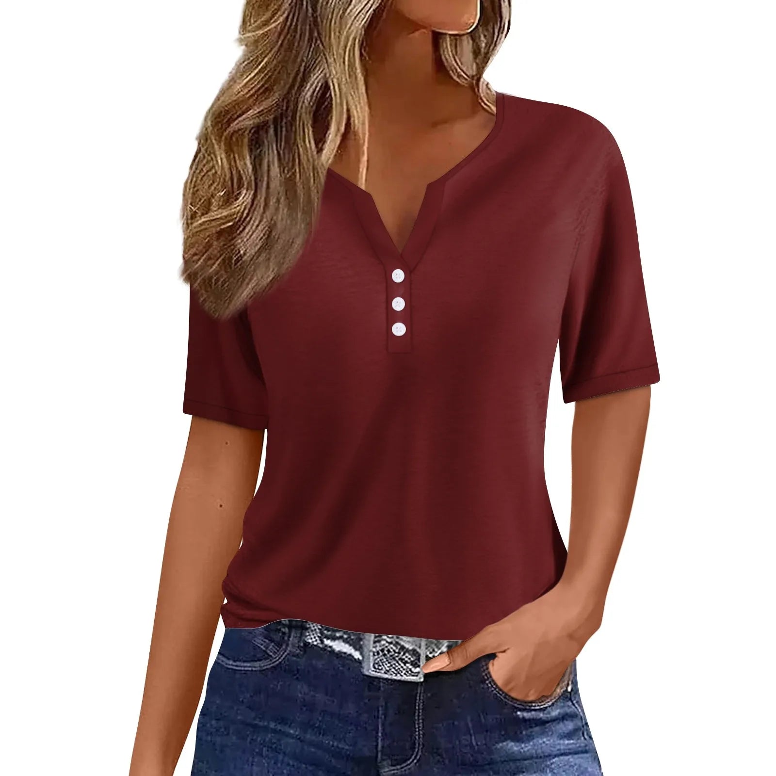 Women Summer Trendy Simple Casual Fashion Button T Shirt V Neck Short Sleeve Solid Loose Pullover Tops Plus Size Ropa De Mujer Peaceful Pleasures Health and Wellness