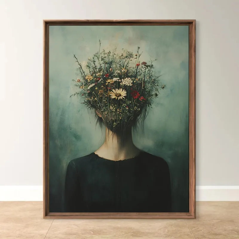 Boho Floral Bird Girl Portrait Canvas Wall Art | Nordic Print
