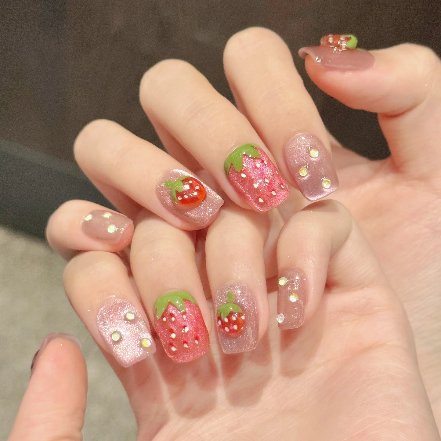 10pcs Handmade Press on Nails 3D Strawberry Decor Fake Nails for Girl Wearable Detachable Short Pink Cat Eye False Nail Tips Peaceful Pleasures Health and Wellness