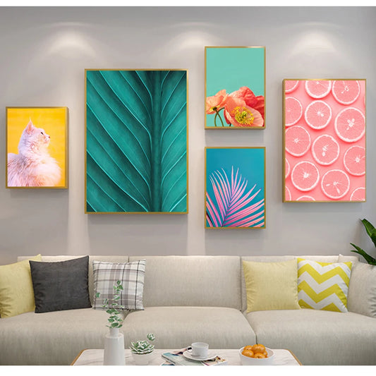 Tropical Plants & Orange Cat Canvas Wall Art | Nordic Print Canvas Wall Art Peaceful Pleasures Health and Wellness