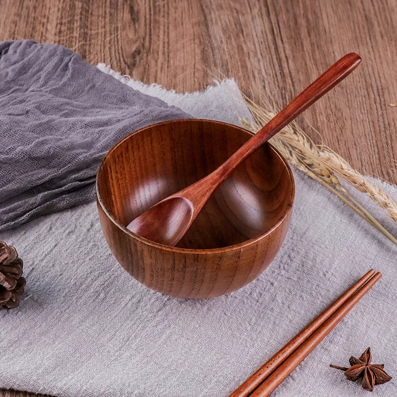 Japanese Style Acacia Wooden Bowl for Children's Dining Anti DropBowl Exclusive Wooden Bowl Retro Home Tableware Set Salad Bowl Peaceful Pleasures Health and Wellness