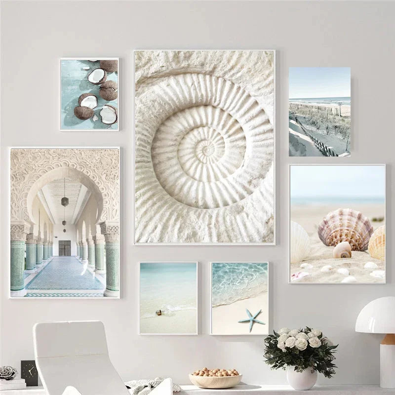 Scandinavian Simple Wall Art Summer Ocean Seashells Starfish Waves HD Canvas Poster Prints Home Bedroom Living Room Decoration Peaceful Pleasures Health and Wellness