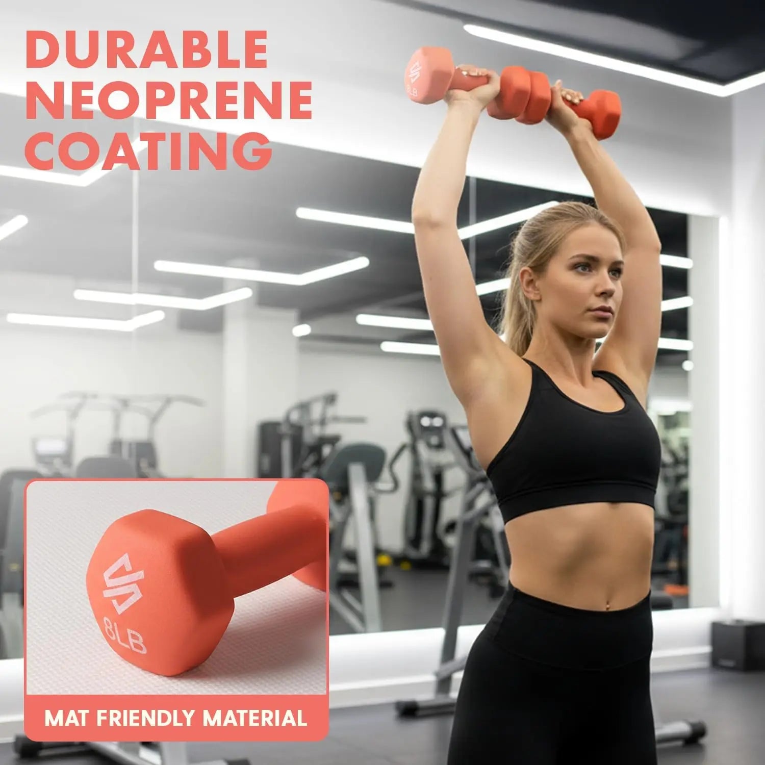 Woman exercising with red dumbbells in a gym setting, highlighting durable neoprene coating.