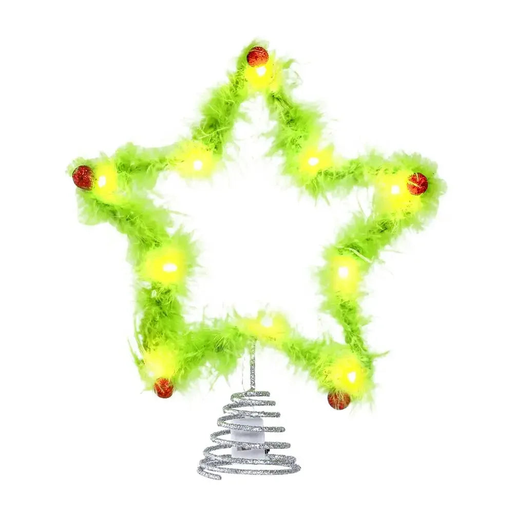 Christmas Fuzzy Grinch Star Tree Topper Iron Green Plush Holiday Festive Creative Home Party Decor Ornament Peaceful Pleasures Health and Wellness with light