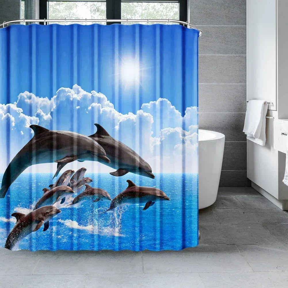 Ocean Underwater World Shower Curtains Set Dolphin Animal Cheerful Marine Life Scenery Polyester Fabric For Kids Bathroom Decor Peaceful Pleasures Health and Wellness A W180xH200cm