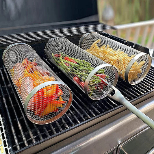 BBQ Basket Stainless Steel Rolling Grilling Basket Cylinder Grill Basket Portable Round Outdoor Camping Barbecue Rack with Lid Peaceful Pleasures Health and Wellness