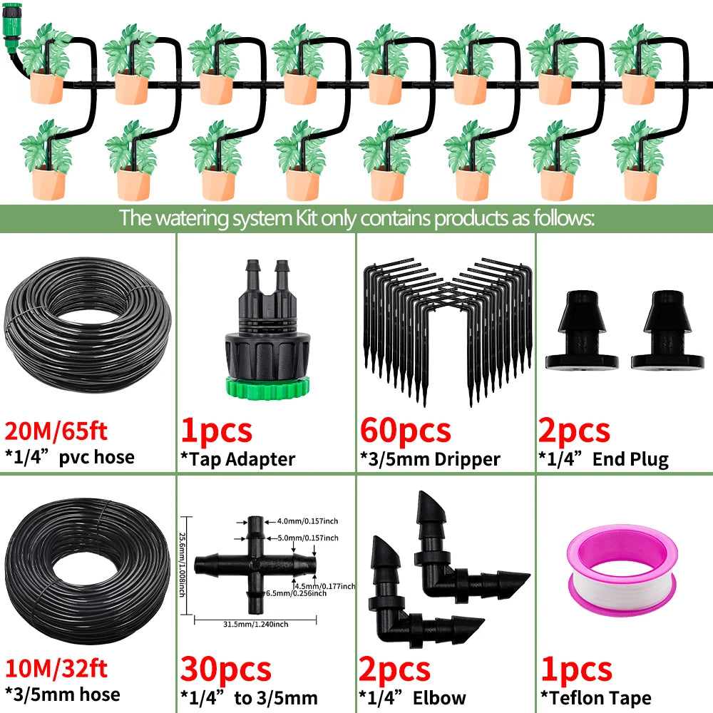 Greenhouse Drip Irrigation Kit Automatic Watering System Garden 4-Way 4/7mm to 3/5mm Hose Dripper for Pot Plant Vegetable Bonsai Peaceful Pleasures Health and Wellness 20M-60 Drippers