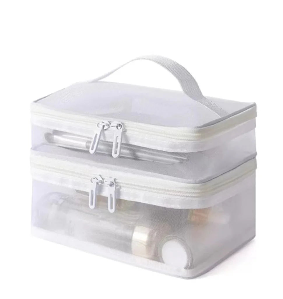 Double Layer Mesh Makeup Bag, Wash Bag, Women's Portable New Large Capacity Storage Bag, Cosmetics Storage Bag Peaceful Pleasures Health and Wellness WHITE