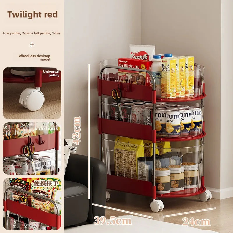 Mobile Cart Storage Rack Floor Standing Multi-Tiered Household Snack Kitchen Utility Organizer with Wheels Multi-Purpose Storage Peaceful Pleasures Health and Wellness 3 Wheels Red