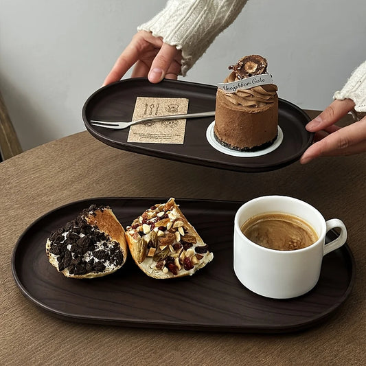 2-Piece Set of Small Oval Trays in Walnut Wood Color, Suitable for Tea Cups, Small Plates, Snacks, Cakes, Café Desserts, Storage Trays, Tea Trays, Christmas and Halloween Table Decorations Peaceful Pleasures Health and Wellness