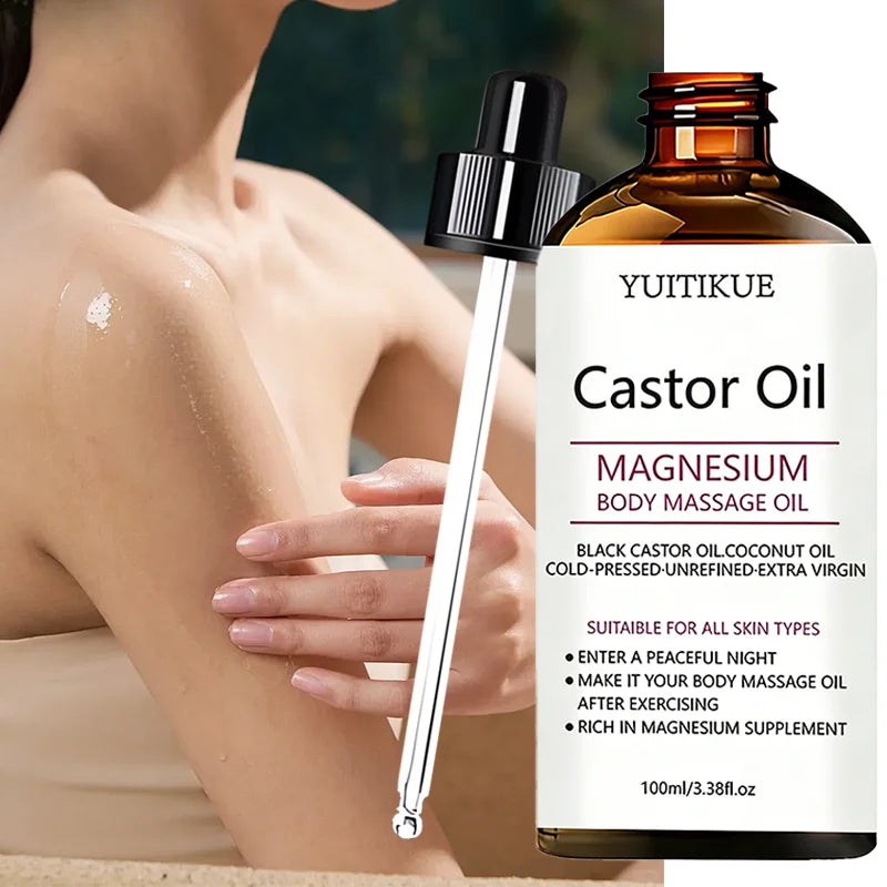 Yuitikue Castor Oil Magnesium Body Massage Oil, 100ml Cold-Pressed Black Castor & Coconut Oil for All Skin Types Peaceful Pleasures Health and Wellness