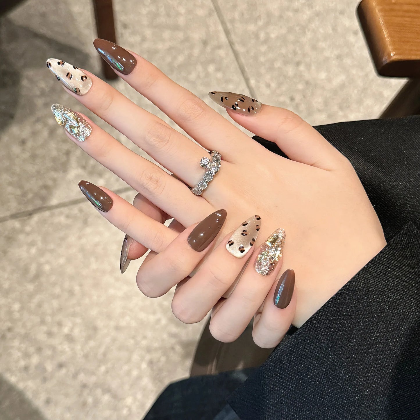Handmade Press on Nails Gold Brown Leopard Print False Nails with Crystal Cat Eye Champagne Diamond Sweet Cool Fake Nail Tips Peaceful Pleasures Health and Wellness