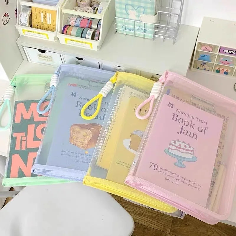 A4 Transparent Zippered Document Bag with Clip & Mesh Pouch