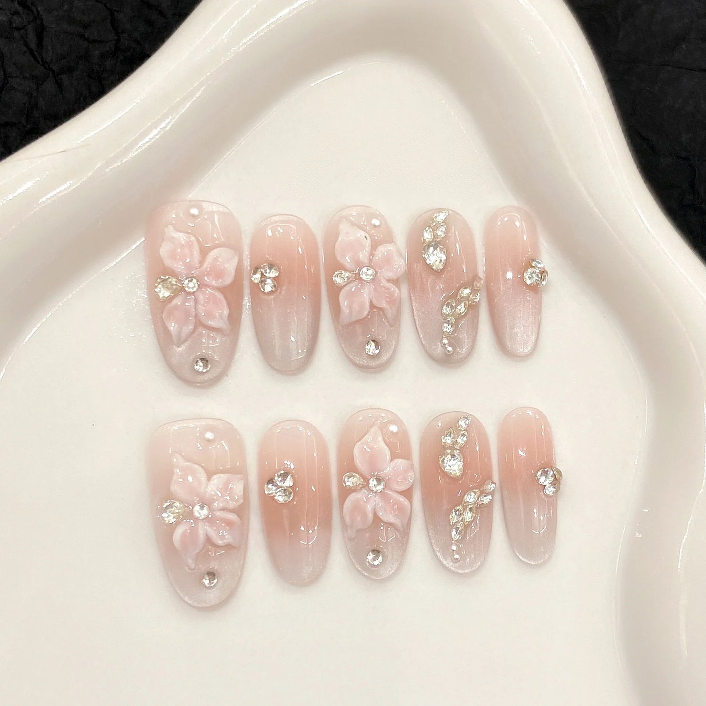 French Cat Eye Press On Nails | Purple Flower Almond Shape 10pcs
