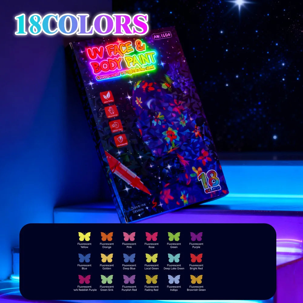 Glow in The Dark Face Paint Markers, Black Light Neon Body Paint Pens for Skin, Washable UV Temporary Tattoo for Birthday Glow Peaceful Pleasures Health and Wellness 18pcs mix color