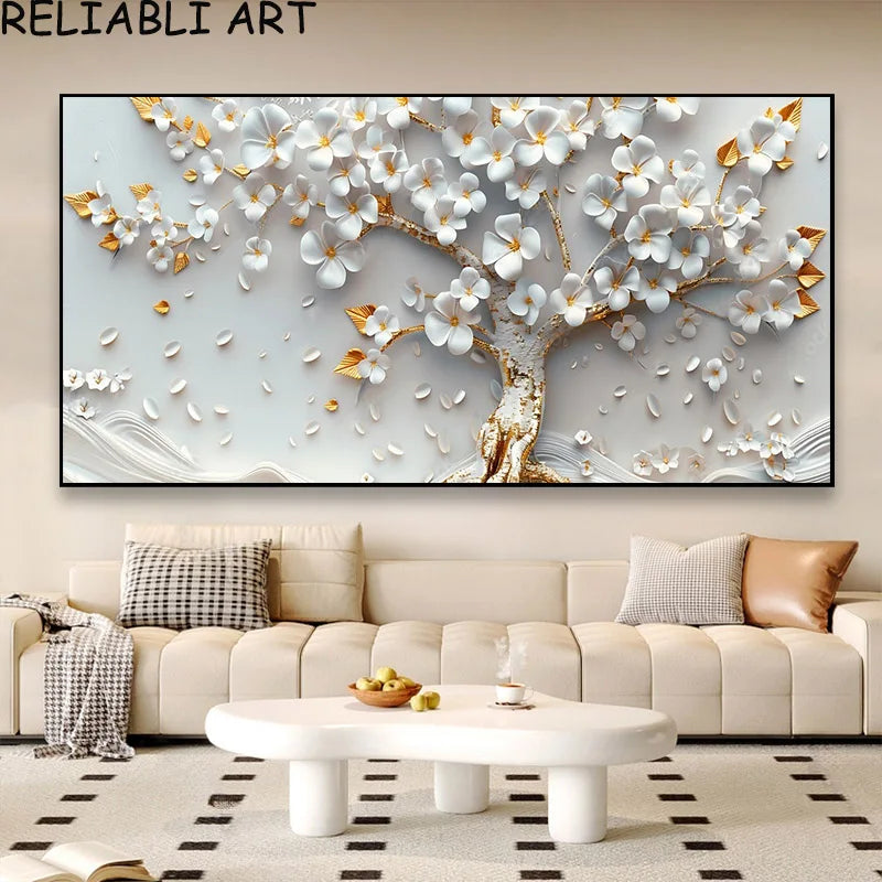 3D Golden White Flower Tree Poster and Prints Light Luxury Canvas Painting Wall Art Pictures for Living Room Home Decor No Frame Peaceful Pleasures Health and Wellness