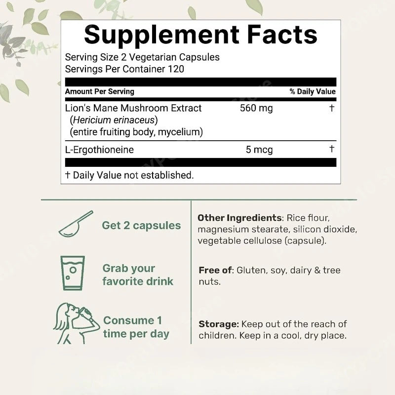 Lion's Mane Mushroom Extract 8400mg + L-Ergothioneine 240 Caps