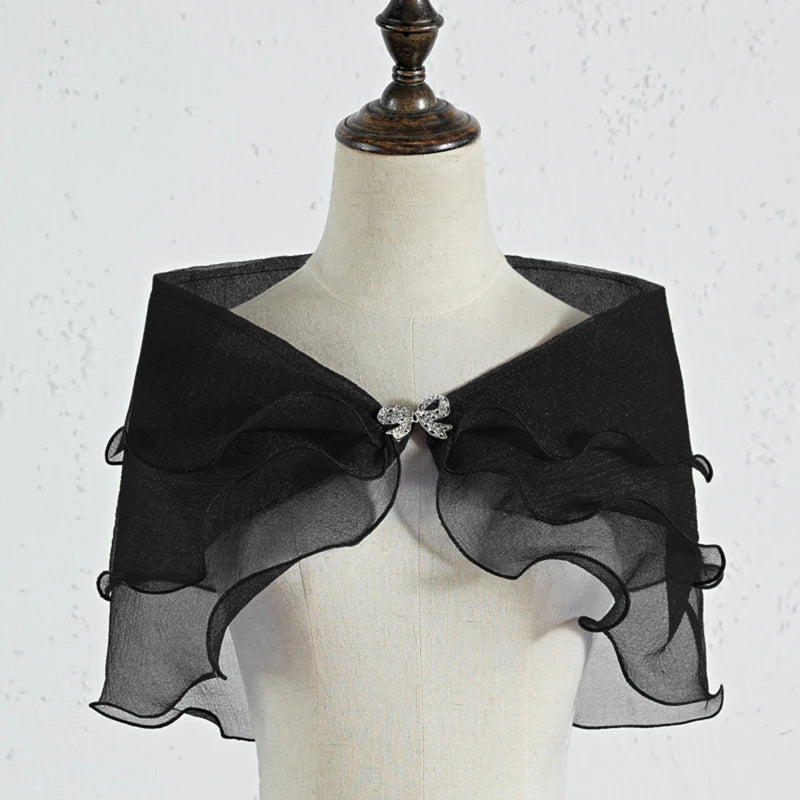 Women Vintage Layered Gauze Shawl Wrap Shrug Rhinestone Buckle Front Wedding Dress Cover Up Sexy Off Shoulder Ruffles Bolero New Peaceful Pleasures Health and Wellness Black One Size