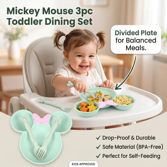 3Pcs Set Lovely Mickey Cartoon Baby Tableware Set Wheat Straw Kids Anti Drop Dinner Plate Bowl Spoon Fork for Baby Girl and Boy Peaceful Pleasures Health and Wellness