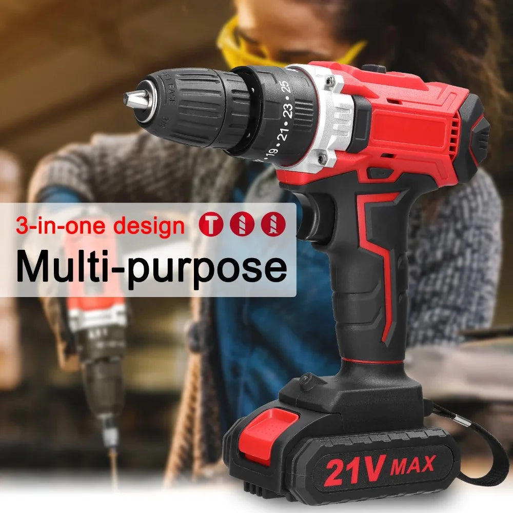 21V Cordless Lithium Drill 25 Gears Torque 2 Speed Stepless Brush Motor Forward Reverse Electric Drill Peaceful Pleasures Health and Wellness