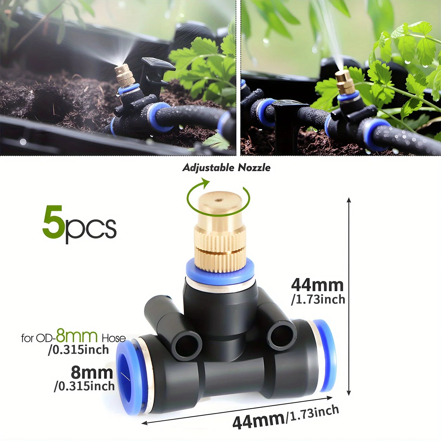 5PC Adjustable Brass Misting Nozzle with Tee Quick Connector for OD-8mm OD-12mmPE Hose Sprayer Garden Plants Atomizing Sprinkler Peaceful Pleasures Health and Wellness A-5PCS Nozzle