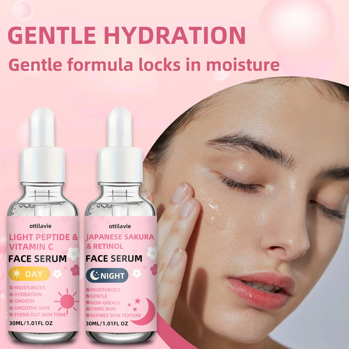 2pcs Japanese Sakura Retinol & Light Peptide VC Serum | 24H Hydration | Quick-Absorbing | For All Skin | Holiday Gift Peaceful Pleasures Health and Wellness