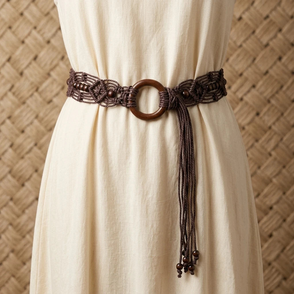 Bohemian Style Woven Belt for Women with Buckle Decoration Long Skirt Matching Peaceful Pleasures Health and Wellness