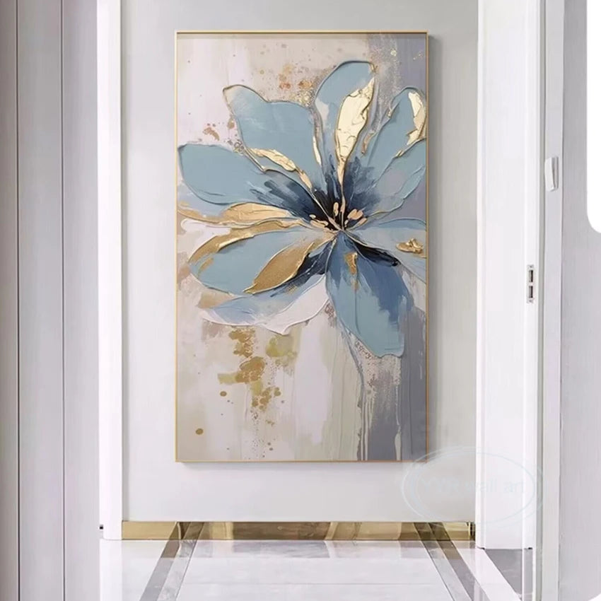 Hand-Painted Blue Floral Oil Painting on Canvas | Wall Art Hand-Painted Canvas Art Peaceful Pleasures Health and Wellness