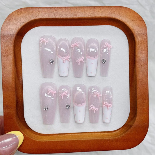 Long Ballet Press-On Nails Pink Bow Glitter French Cat Eye 10pcs Press-On Nails Peaceful Pleasures Health and Wellness L