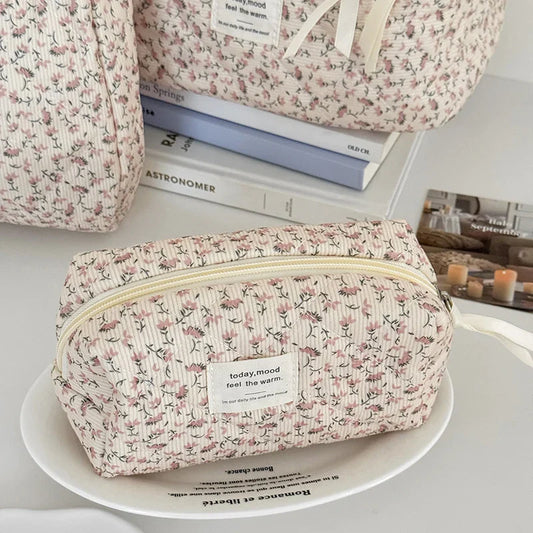 Corduroy Floral Cosmetic Bag – Pink Flower Makeup Pouch Cosmetic Makeup Bag Oasis Select