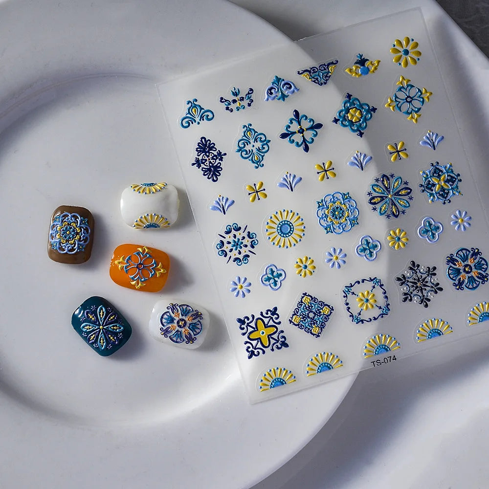 Blueberry Floral Nail Stickers | Blue White Bow Manicure Decals