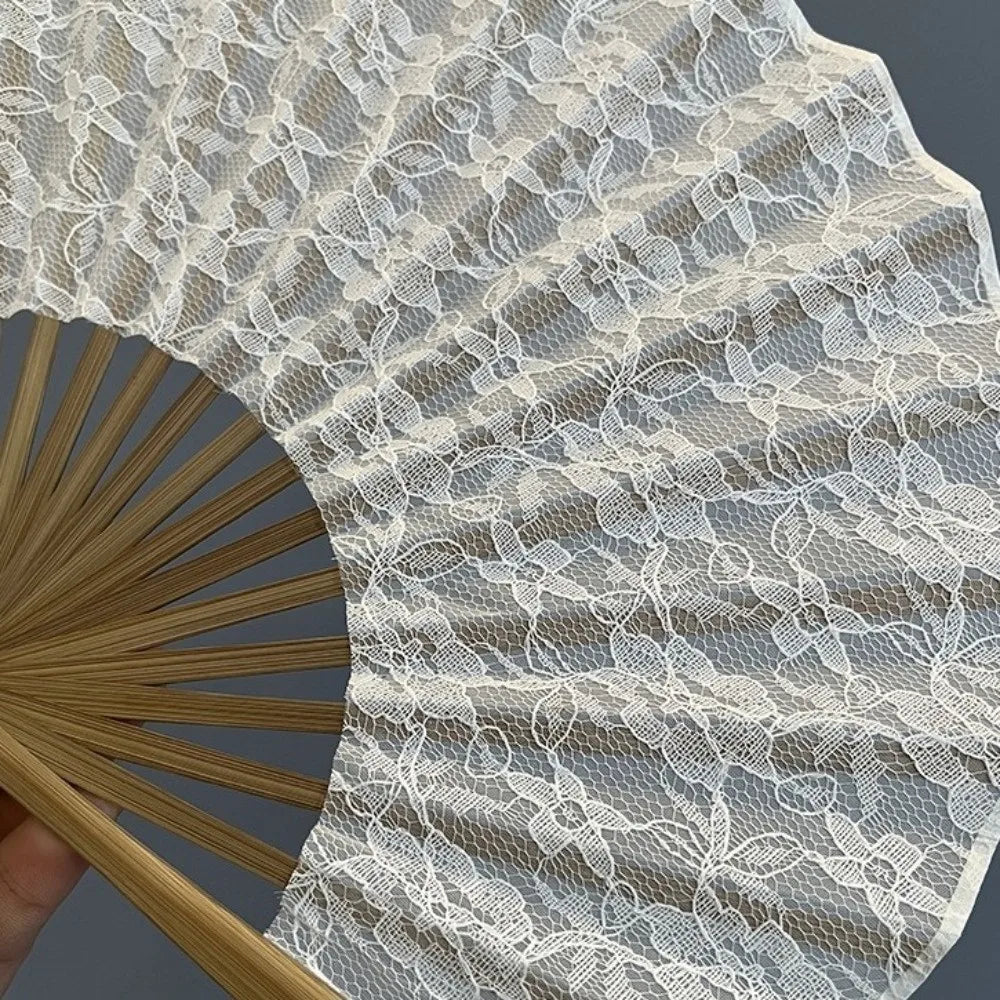 Vintage Folding Hand Fan – White Lace, Tassels & Bamboo