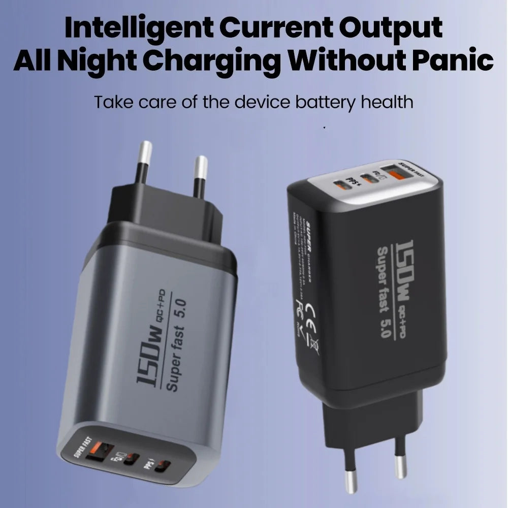 150W USB-C 3-Port PD3.0 & QC3.0 Fast Charger – EU/US/UK