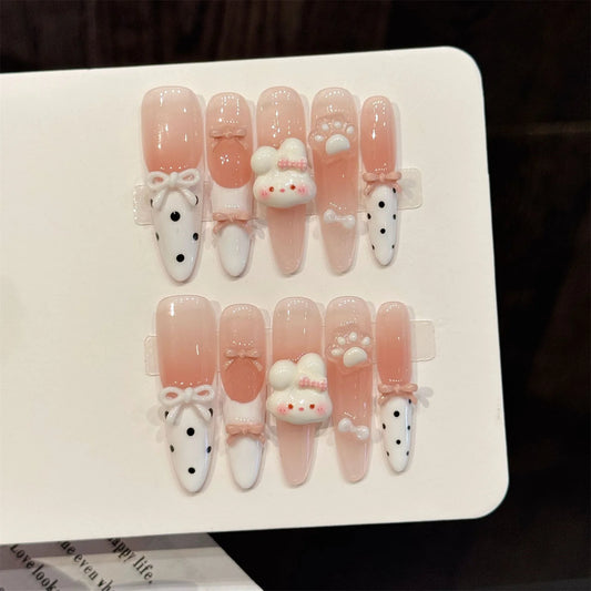 3D Pink Rabbit Press On Nails | Almond Gradient Korean Style Press On Nails Peaceful Pleasures Health and Wellness