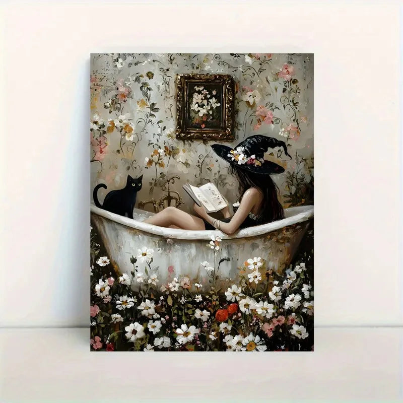 Witch Reading in Bubble Bath with Black Cat Poster,Gothic Art Print,Witch and Black Cat Bathing in Flowers,Abstract Wall Art Peaceful Pleasures Health and Wellness