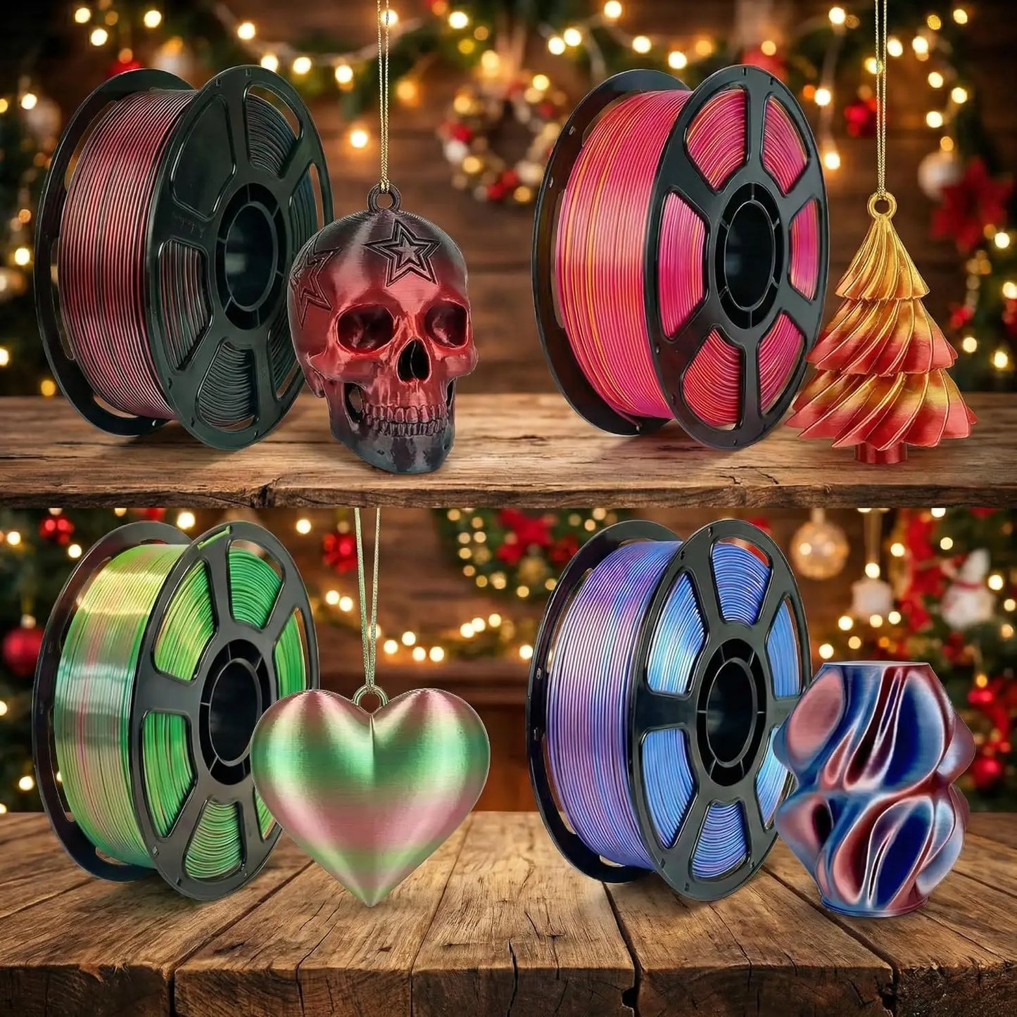 Silk PLA Filament Bundle 4×250g Dual Color Glossy 1.75mm