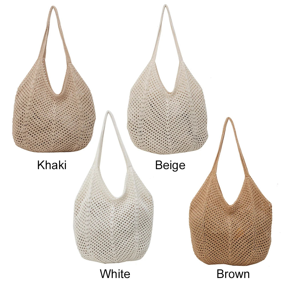 Women Knitting Shoulder Bag Solid Color Hollow Summer Bag Large Capacity Knitted Tote Handbag Female Outdoor Bag Peaceful Pleasures Health and Wellness