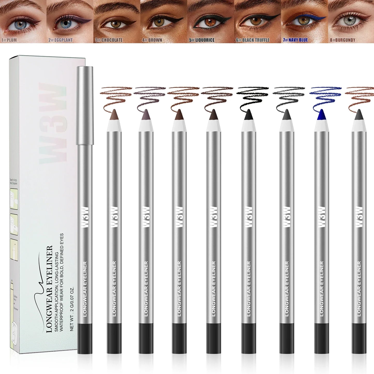 W3W 8-Color Matte Gel Eyeliner Pencil Set – Waterproof