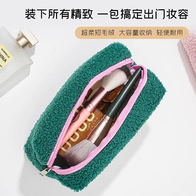 2026 Cute Zipper Plush Large Solid Color Cosmetic Bag Makeup Bag for Women Travel Make Up Toiletry Bag Washing Pouch Pen Pouch Peaceful Pleasures Health and Wellness