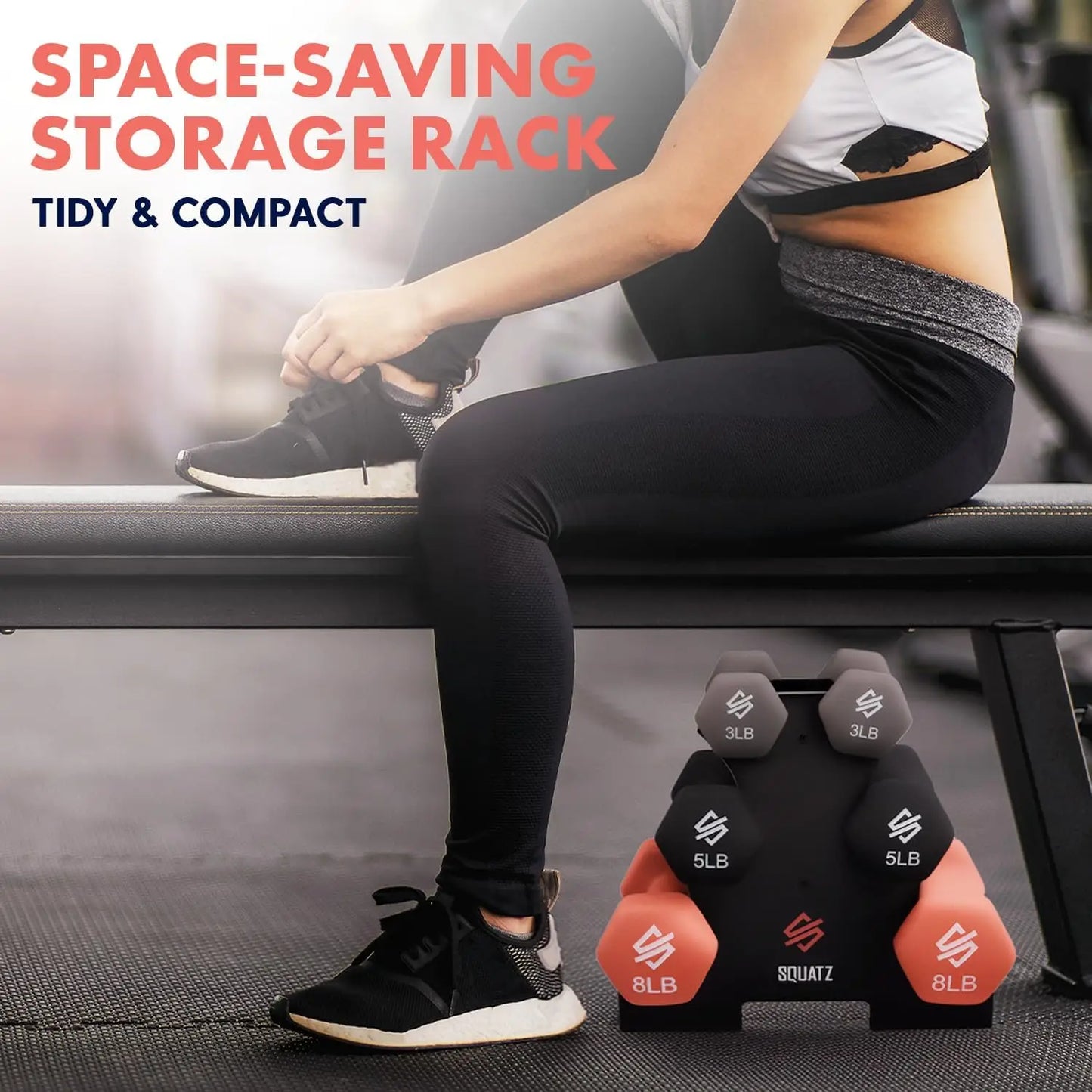 Person sitting on a bench with space-saving storage rack and dumbbells below.